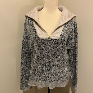 Rachel Zoe Marled Black & Cream Fold-Over Collar 1/4 Zip Sweater, size Large